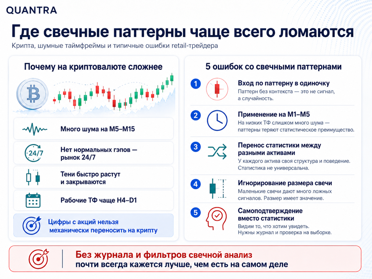 Где свечные паттерны чаще всего ломаются: криптовалюта, шумные таймфреймы и пять типичных ошибок retail-трейдера