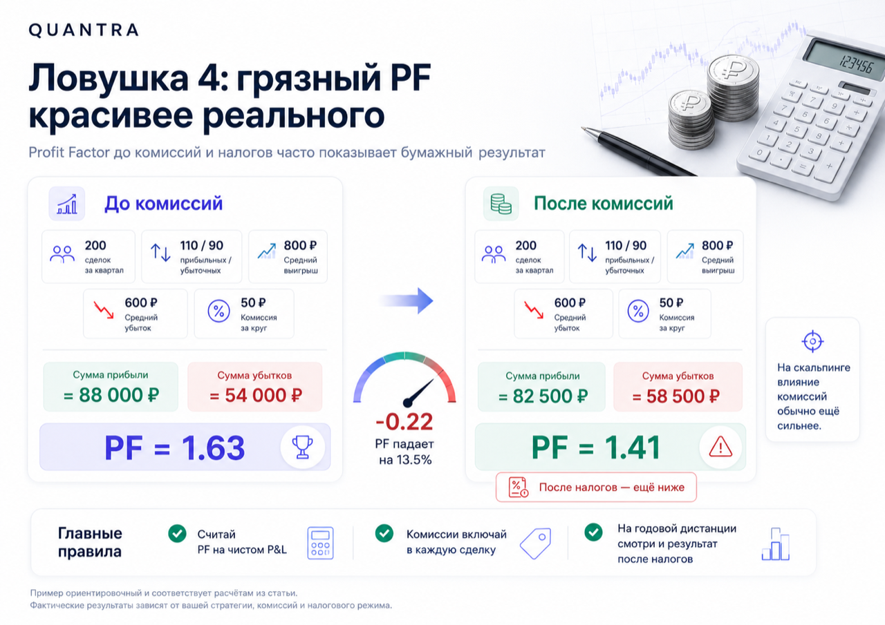 Ловушка 4: profit factor до комиссий и налогов выглядит лучше, чем реальный результат после издержек