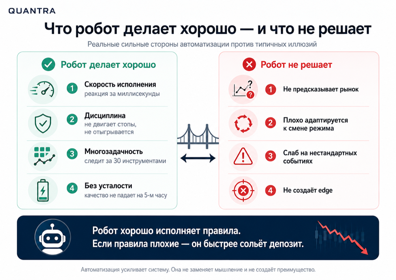Что торговый робот делает хорошо и что не решает: скорость, дисциплина и многозадачность против отсутствия edge и слабой адаптации к рынку
