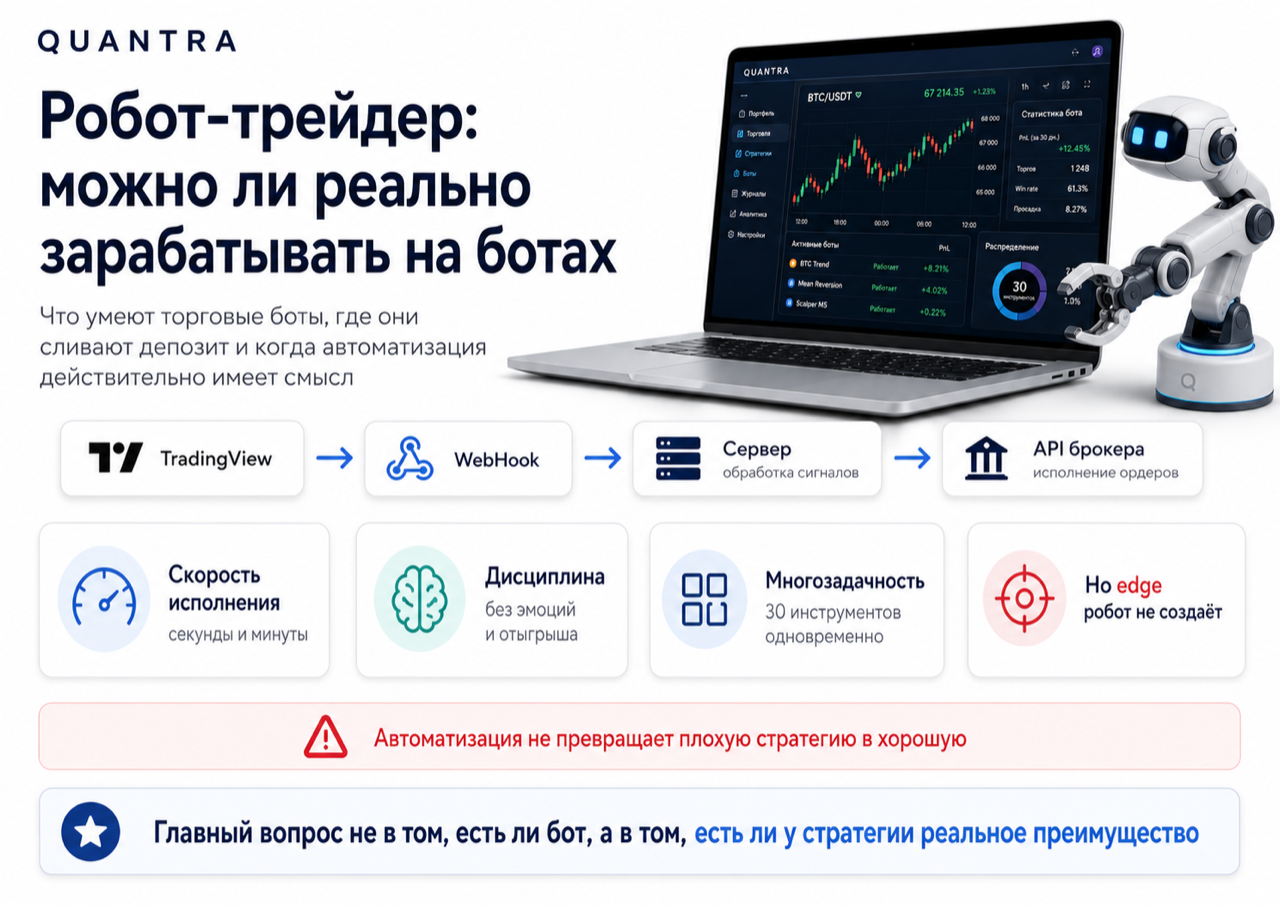 Робот-трейдер: можно ли реально зарабатывать на торговых ботах и как выглядит типовая схема автоматизации через TradingView, webhook и API брокера