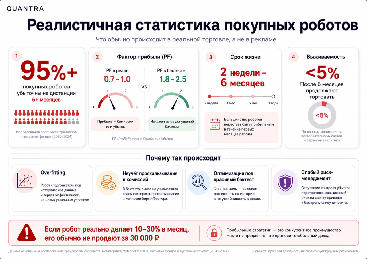 Реалистичная статистика покупных торговых роботов: убыточность, слабый profit factor, короткий срок жизни и низкая выживаемость после 6 месяцев